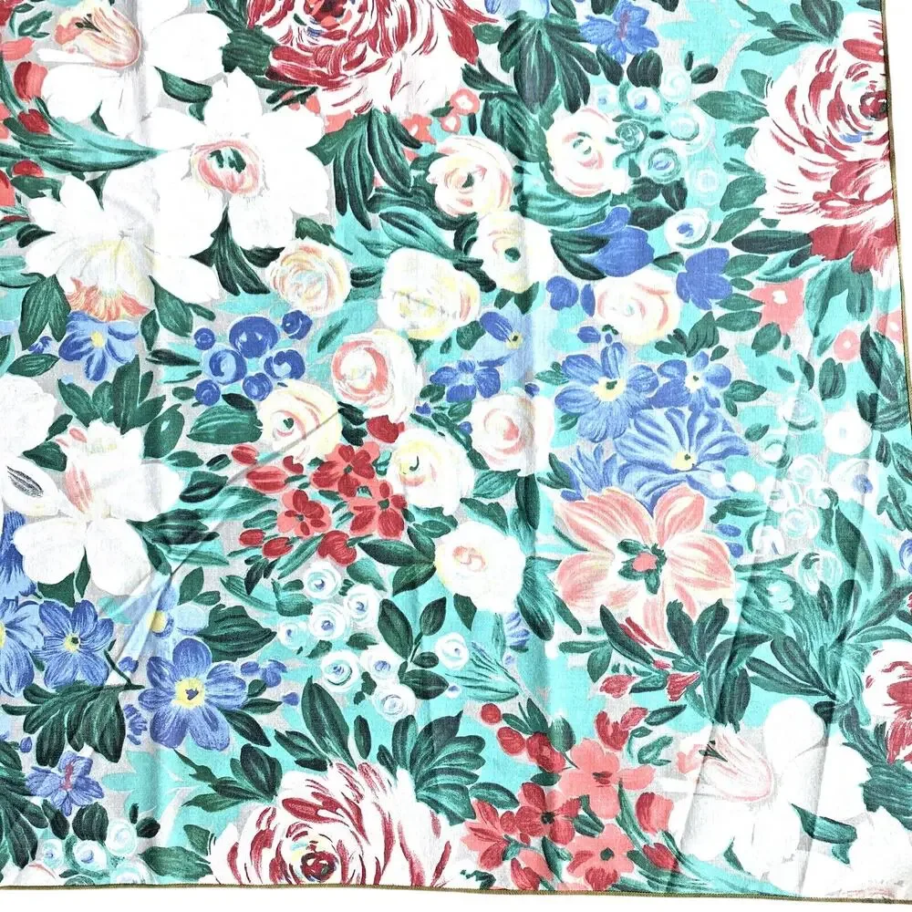 Vintage 1980s tablecloth floral motif green blue pink peach cottage farmhouse